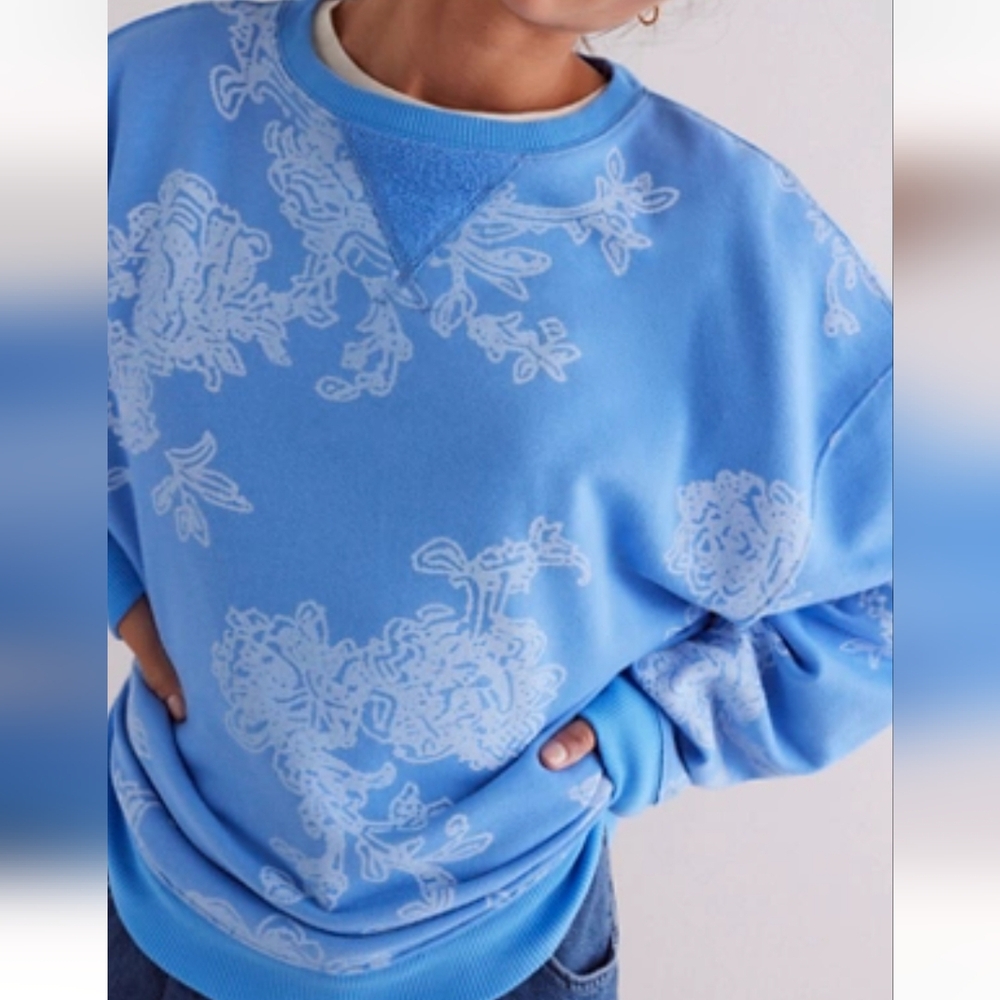 Free People We The Free Blue Floral Crew Neck Sweater